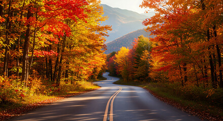 Drive through vibrant autumn colors on a winding road, stunning fall foliage brightens the mountain landscape