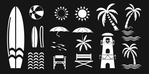 Fototapeta premium Collection of white beach and summer icons on a black background