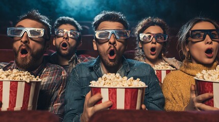 A group of friends sitting in a theater wearing 3D glasses surprised holding popcorn