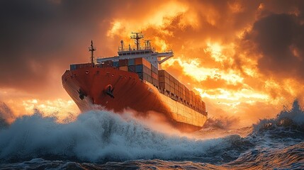 Cargo Ship Braving Stormy Seas at Sunset