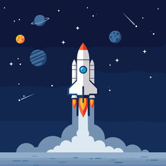 Rocket launching into sky in bold flat vector style, science theme, notebook cover