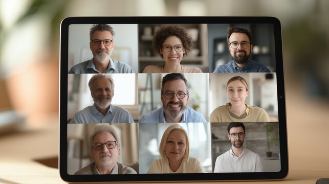 Diverse Group Video Call on Tablet Screen