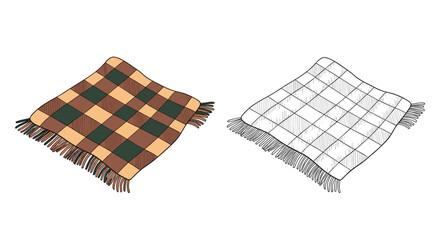 An illustration of a woven tartan blanket with fringed edges presented in a colorful and a detailed line drawing sketch format showcasing its texture and pattern