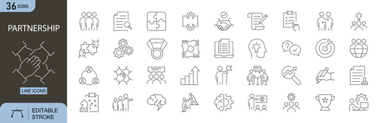Partnership icons set. Includes icons for handshake, agreement, contract, collaboration, teamwork, alliance, deal, meeting, support, and business connection. Perfect for infographics and mobile apps.