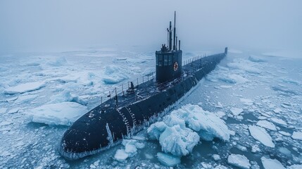 Submarine Breaking Through Arctic Ice