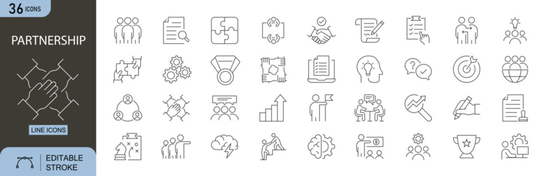 Partnership icons set. Includes icons for handshake, agreement, contract, collaboration, teamwork, alliance, deal, meeting, support, and business connection. Perfect for infographics and mobile apps.