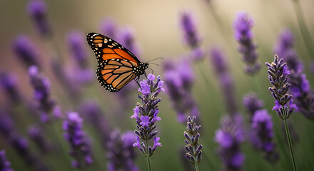 Obraz premium Monarch butterfly gracefully resting on vibrant purple lavender flowers in a sunny garden