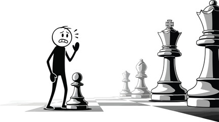 Stick figure chess game strategy concept with pawn and large chess pieces illustration vector