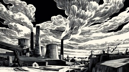 Fototapeta premium Monochromatic depiction of factory plumes against a dark sky, rendered in sketch style