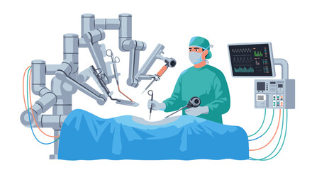 Surgical robot assisting surgeon in modern operating room for precise medical procedure