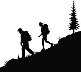 Silhouette of Two Hikers Climbing Uphill on Mountain Trail – Outdoor Trekking Adventure Scene in Nature with Backpack and Grass – Black and White Vector Illustration