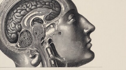 Vintage Scientific Illustration Depicting a Detailed Cross-Section of the Human Head, Showcasing Internal Structures Including the Brain and Respiratory System