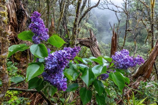 Lush purple lilacs bloom amidst misty forest