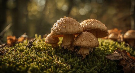 Fototapeta premium A cluster of mushrooms with water droplets on their caps growing on a bed of moss in a forest setting