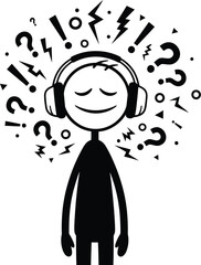 Stick figure listening to music with headphones surrounded by questions and exclamation points vector