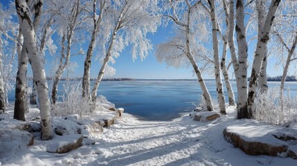 Serene Winter Wonderland: Frosty Trees and Tranquil Lake Under Clear Blue Sky