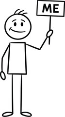 Stick figure holding me sign vector illustration drawing simple cartoon character design vector