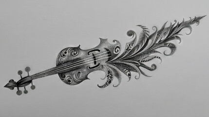  Violin with floral design on black-and-white drawing
