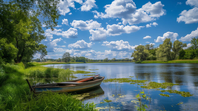Spring summer landscape blue sky clouds river boat green trees. Spring summer landscape blue sky clouds Narew river boat green trees countryside grass Poland water leaves