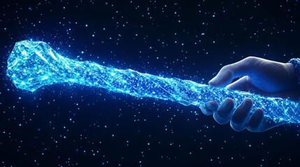 A glowing digital wand held against a starry background, symbolizing innovation and creativity in the digital age.