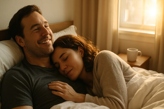 Loving couple cuddling in bed on a sunny morning, enjoying a peaceful and intimate moment filled with warmth, joy, and connection.