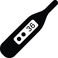 Black and white digital thermometer icon with 36 degrees indicating healthy body temperature for health and wellness content