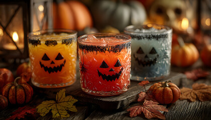 Three Halloween themed drinks with jack-o-lantern faces on the cups.
