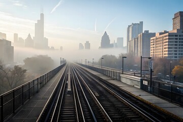 Morning fog rolls over city skyline and train tracks creating an ethereal urban landscape