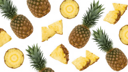 A vibrant pattern of whole and sliced pineapples scattered across a transparent background, offering a taste of the tropics