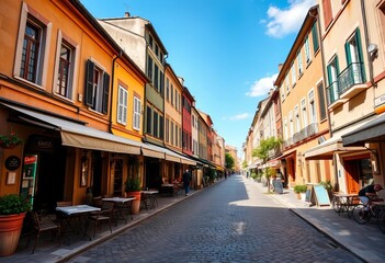 Fototapeta premium Sunny day, cobblestone street, outdoor cafe, old European city, charming architecture, outdoor, building
