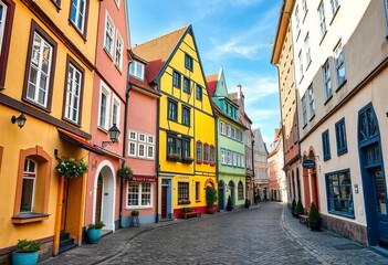Obraz premium Charming, colorful houses lining a narrow cobblestone street in Linz's old town, tourism, vintage