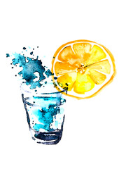 Watercolor drawing, illustration. A glass of vodka, a cocktail, an alcoholic drink, a splash. On white isolated background. Mineral water, vodka in a glass,citrus-flavored water 