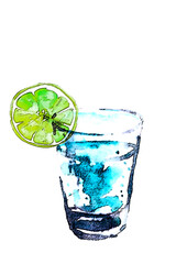 Watercolor drawing, illustration. A glass of vodka, a cocktail, an alcoholic drink, a splash. On white isolated background. Mineral water, vodka in a glass,citrus-flavored water 