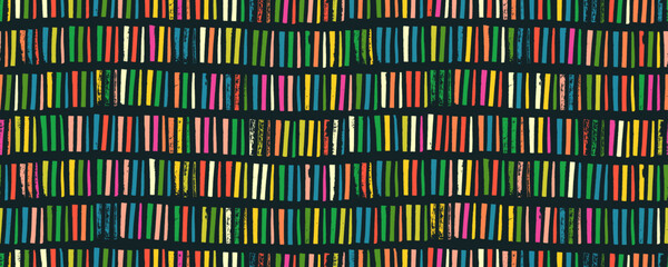 Colorful funky seamless pattern with brush drawn vertical stripes and dashes. Kid's regular lines background.