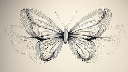   A monochromatic depiction of a butterfly against a white background, with a linear representation of its wings in black and white