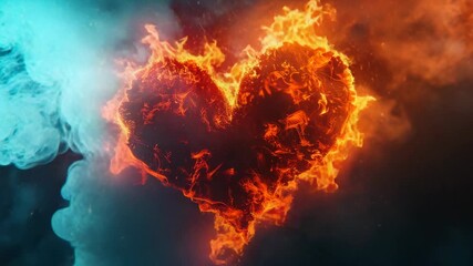 A fiery heart surrounded by a thick cloud of smoke, isolated on a white background