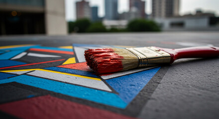 Close up of a red handled paintbrush resting on a colorful geometric painting outdoors in daylight with buildings