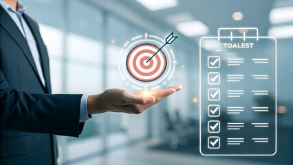 Business professional achieving goals with a target and checklist in a modern office setting