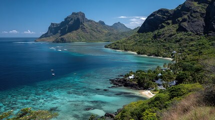 Naklejka premium A stunning view of a tropical island surrounded by the vast ocean, featuring boats floating and majestic mountains in the backdrop