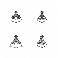 Set of Battleship Destroyer Cruiser Warship Icon Military Maritime Navy Vessel Sea Warfare Authority Power Line Vector Illustration