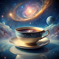 Fototapeta premium A cup of coffee reflecting a swirling galaxy in space