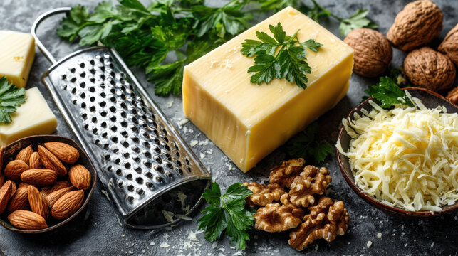 Culinary Artistry: Grated Cheese, Fresh Herbs, Walnuts and Almonds Delight - Powered by Adobe