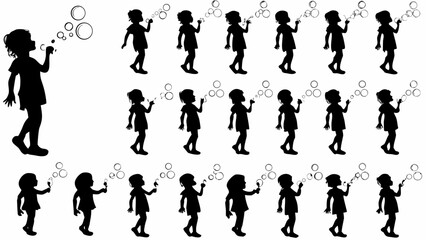 Naklejka premium Silhouette of girls blowing bubbles in various poses and arrangements against a white background design vector