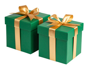 Festive Emerald Green Gift Boxes with Golden Ribbon Bows on White Surface, Isolated on Transparent Background