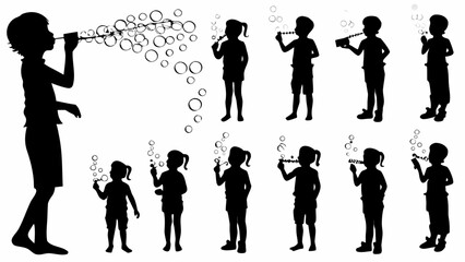Silhouettes of children blowing bubbles with various bubble wands creating floating bubble clusters