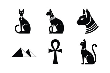 Egyptian cats pyramids ankh symbols black silhouette