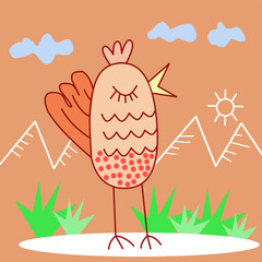 Cute cartoon bird with red wings and closed eyes on a warm peach-orange background. Simple mountains, sun, and grass add a playful, child-friendly touch to this whimsical illustration