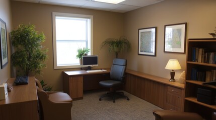 Fototapeta premium Small, well-lit office space with a window and comfortable furnishings.