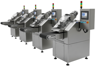 Five stainless steel food slicers in a row isolated on a transparent background