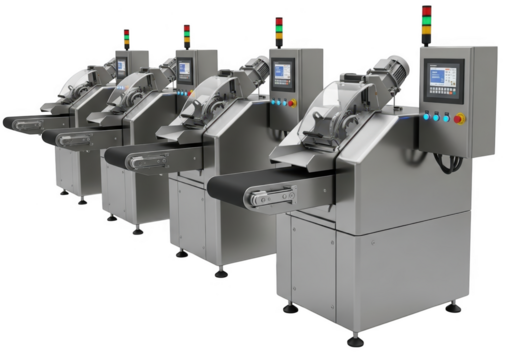 Five stainless steel food slicers in a row isolated on a transparent background